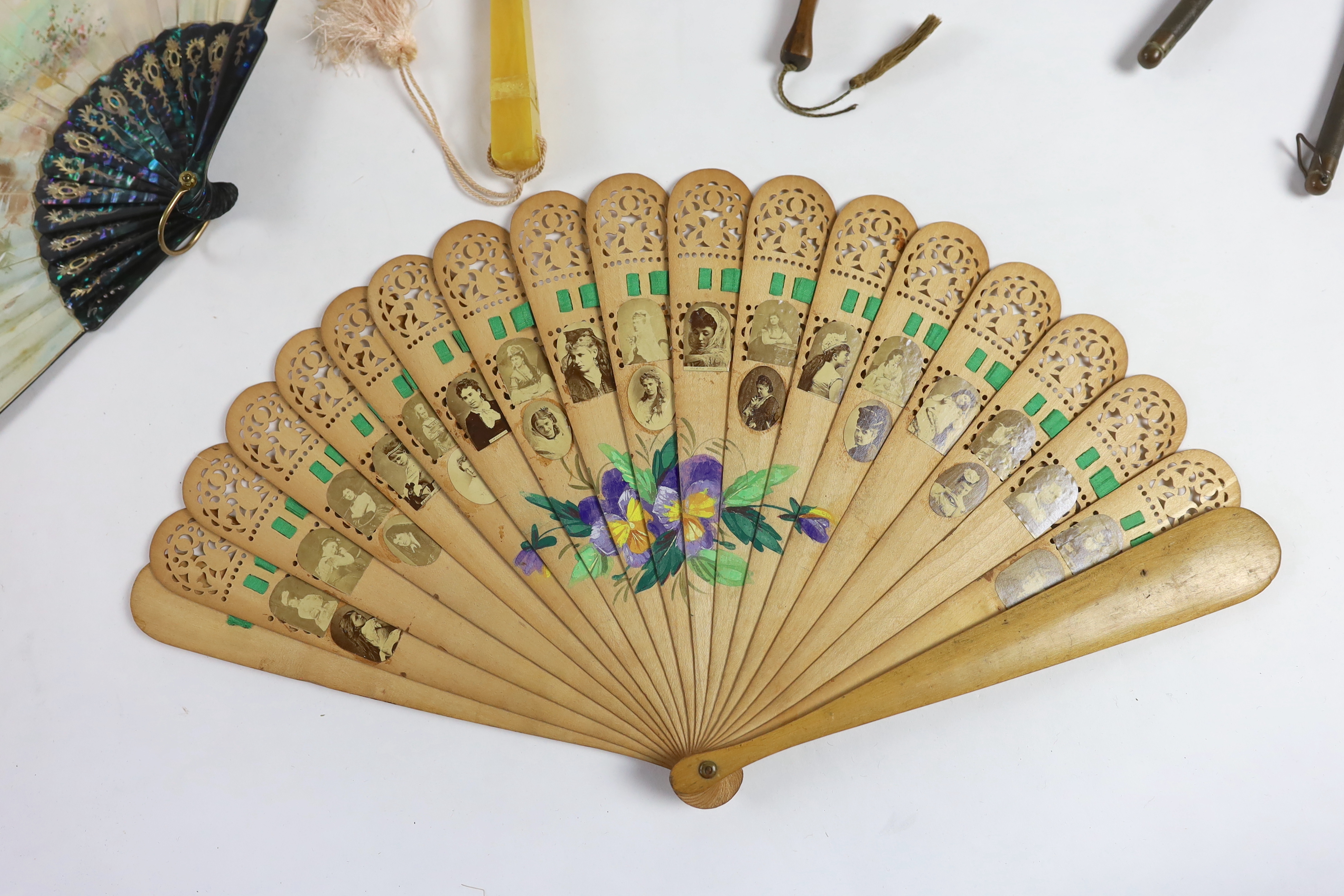 Six Edwardian novelty and unusual fans, some possibly bought during a Grand Tour.